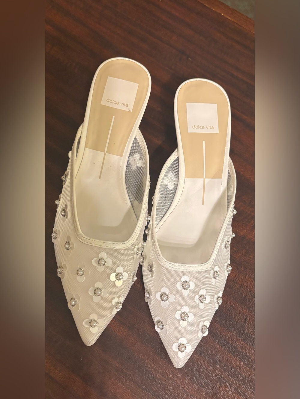 Dolce Vita White Floral Appliqué Pointed Mesh Mule